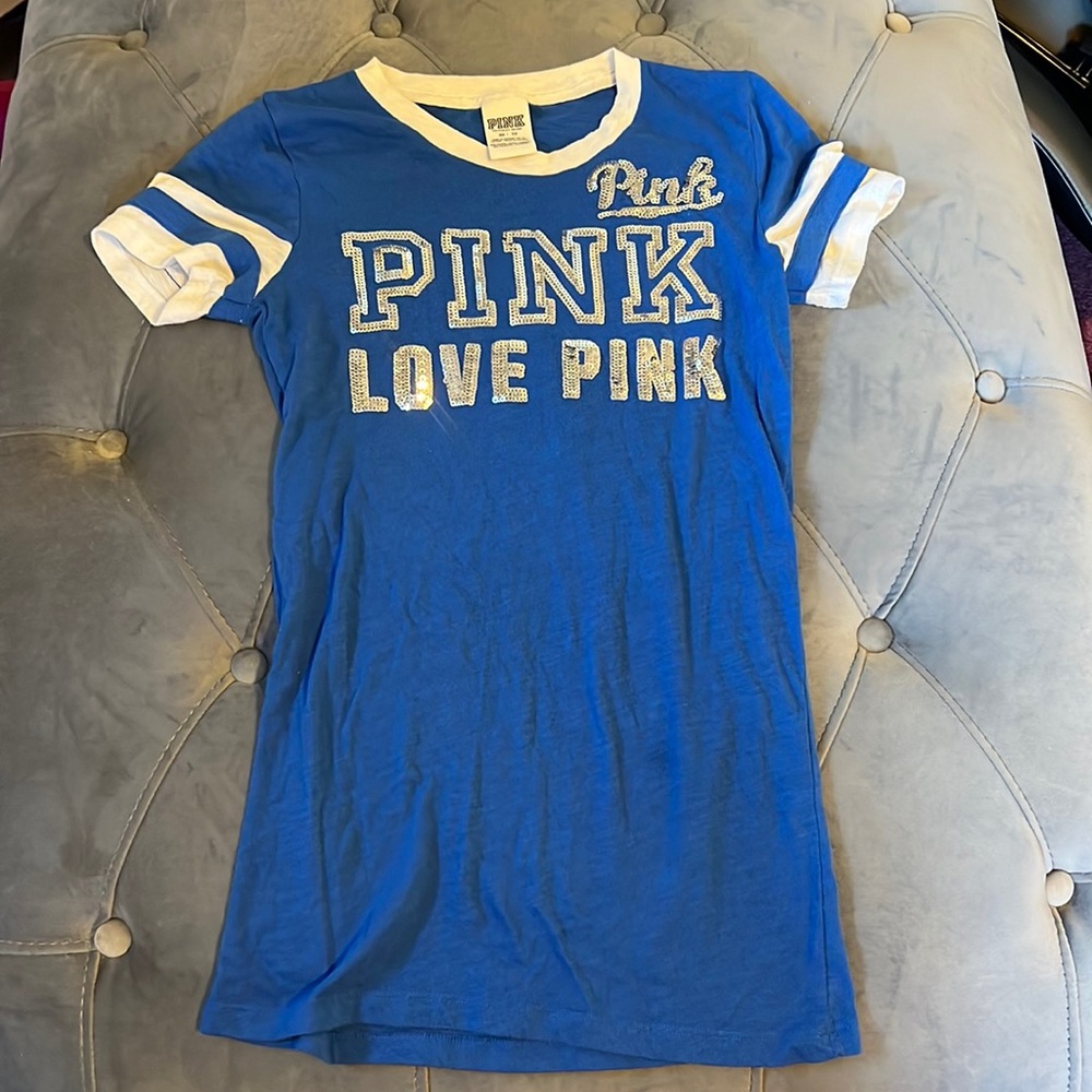 Pink Victoria’s Secret Blue Sequins logo live pink XS tee top